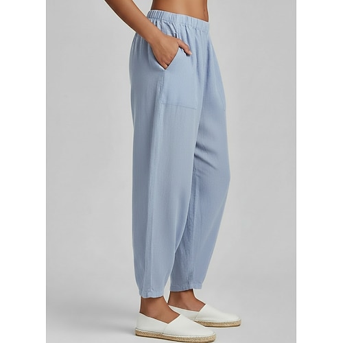 Damen-Freizeithose aus 100 % Baumwolle, Sommerhose, Baggy-Hose, bequeme, lange Hose, naturfarben, einfarbig, schlicht, mit Tasche, elastischer Bund, bequem, nicht dehnbar, für Zuhause, Urlaub, formell, olivgrün, schwarz, weiß, dunkelblau Image