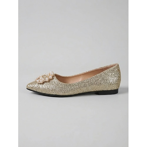 Elegante goldene Glitzer-Ballerinas mit Perlenverzierung, perfekt für die Mutter der Braut bei einer Hochzeit in der Stadt, bequeme Ballerinas mit spitzer Zehenpartie für festliche Anlässe Image