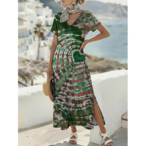Damen Maxikleid Boho-Kleid Freizeitkleid A Linie Kleid Druckkleid Vintage Outdoor Urlaub Wochenende Normale Passform Herz Batik Abstrakt Kurzarm V Ausschnitt Blau Hellgrün Purpur Grün Sommer Frühling Image