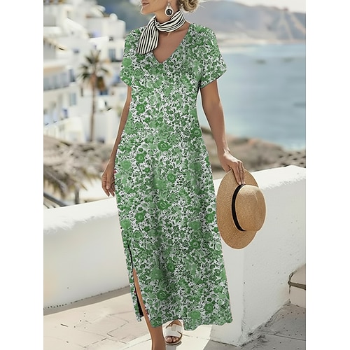 Damen Maxikleid Boho-Kleid Freizeitkleid A Linie Kleid Druckkleid Vintage Outdoor Urlaub Wochenende Normale Passform Blumen Grafik Kurzarm V Ausschnitt Blau Purpur Fuchsie Orange Sommer Frühling Image