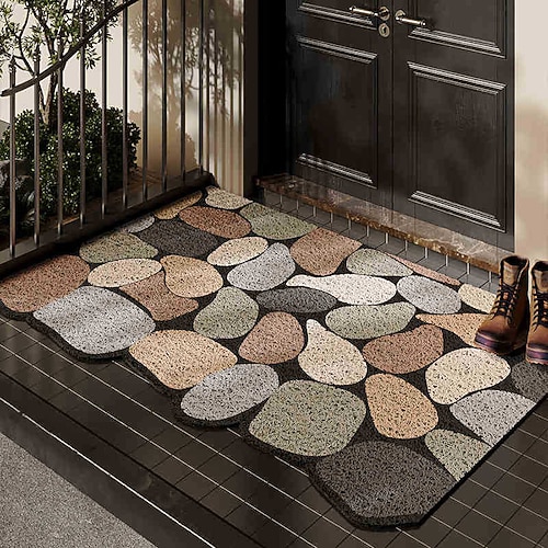 PVC-Badematte aus Luffa, Kieselstein-Fußmatte, rutschfester Eingangsbereichteppich, waschbare, flache Willkommensmatte für Terrasse, Veranda, Hauswirtschaftsraum, Landhausstil Image