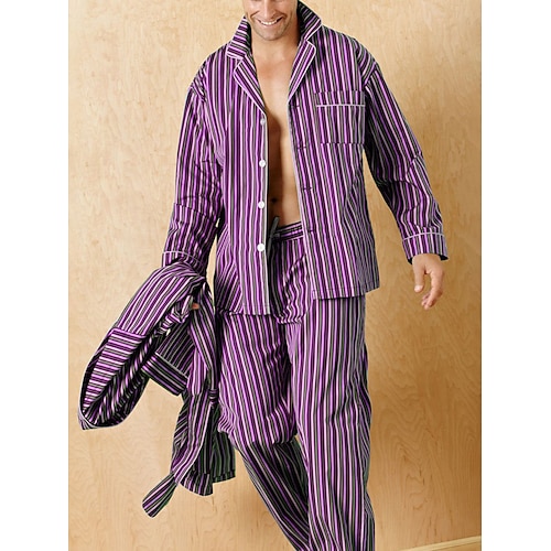 Herren Hausanzug Schlafanzüge Schlafanzug Set Pyjama-Oberteil und Hose 2 Stück Streifen Stilvoll Brautkleider schlicht Komfort Heim Täglich Polyester Komfort Kargen Langarm Hemd Hose Kordelzug Image