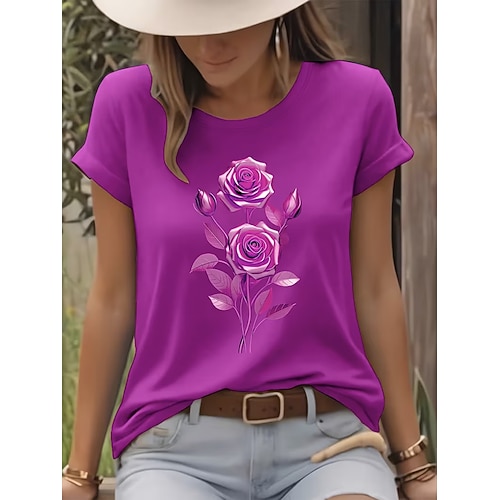 Damen T Shirt Druck Blumen Grafik Stilvoll Klassisch Lässig Kurzarm Rundhalsausschnitt Rundhals Normale Oberteile Täglich Weiß Gelb Rosa Purpur Sommer Frühling Image