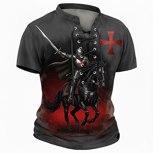 Männer Kreuzritter Ritter auf einem Pferd Rotes Templerkreuz Mittelalterlicher Kreuzritter Krieger Fantasie Schnürung T-Shirt All Over Print V-Ausschnitt Kurzarm Vintage Streetwear Renaissance Image