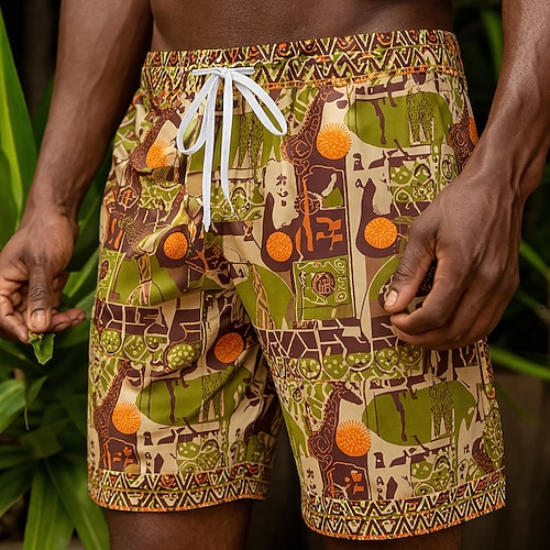 Herren Giraffe Geometrisches Muster Ethnisch Badehosen Badeanzüge Badeshorts Boardshorts Mittlere Taille Hawaiianisch Retro Vintage Strandurlaub Seitentaschen Netzfutter Elastischer Kordelzug in der Image