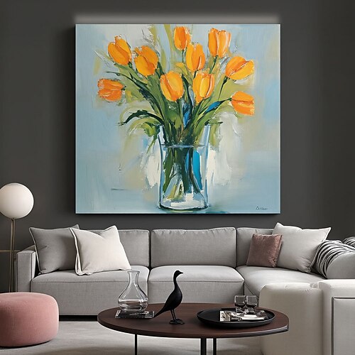 Handgemaltes Ölgemälde mit gelber, dicker Textur, Tulpenblüten, Blätterstrauß und Vase, modernes abstraktes Kunstwerk, 100 % handgemaltes Ölgemälde auf Leinwand, Wandbild für Wohnzimmer, Schlafzimmer, Image