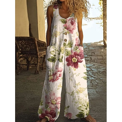 Damen-Jumpsuit, ärmellos, mit Blumenmuster, weitem Bein, U-Ausschnitt, Taschen und Knöpfen, locker geschnitten, für Alltag und Urlaub, in Weiß, Rosa und Grün, Sommer Image