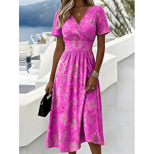 Damen Midikleid A Linie Kleid Urlaub Lässig Boho Normale Passform Grafik Geometrisch Kurzarm V Ausschnitt Blau Purpur Orange Sommer Frühling Image