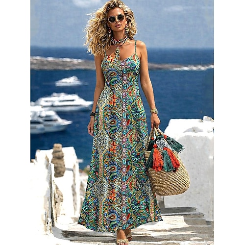 Damen Maxikleid Sommerkleid A Linie Kleid Unterkleid Urlaub Lässig Strand Ausgehen Lässiger Schnitt Grafik Tiermotiv Leopard Ärmellos V Ausschnitt Schwarz und Weiß Schwarz Weiß Rote Sommer Frühling