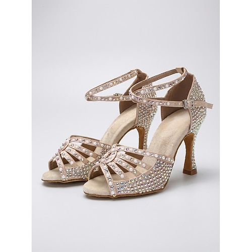 Damen-Lateintanzschuhe mit goldenen Strasssteinen, Riemchendesign, glitzernder Salsa-Absatz Ballsaal-Tanzschuhe für Auftritt und Training Party Image