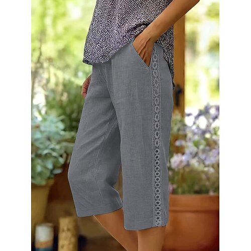Damen Caprihose Kunstbaumwollleinen Sommershorts Hosen Hose Streetwear Lässig Knielang Mittlere Taillenlinie Einfarbig Tasche Bequem Atmungsaktiv Unelastisch Täglich Outdoor Urlaub Schwarz Grün Image