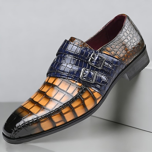 Braune und blaue Herren-Monk-Strap-Schuhe mit Krokodilprägung und spitzer Zehenpartie – formelle Schuhe für Hochzeiten, Bankette, Partys, Abschlussbälle, Büro und einen eleganten Abendstil. Image