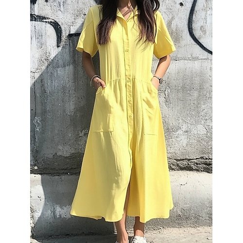 Damen Maxikleid Kunstbaumwollleinen Hemdblusenkleid Freizeitkleid Elegant Mode Modern Outdoor Urlaub Ausgehen Normale Passform Einfach Kurzarm V Ausschnitt Gelb Dunkelgrün Orange Leicht Blau Sommer Image