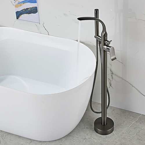 Klassische freistehende Badewannenarmatur, Zweigriff-Bodenarmatur aus Messing mit Handbrause und 360° schwenkbarem Auslauf Image