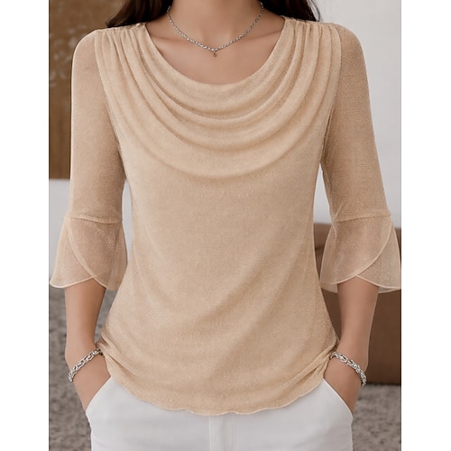 Damen T Shirt Mesh-Shirt Glitzernde Oberteile Asymmetrischer Saum Elegant Stilvoll Lässig Dreiviertelarm Wasserfallausschnitt Normale Oberteile Täglich Party-Outfits Outfits für die Verabredung am Image