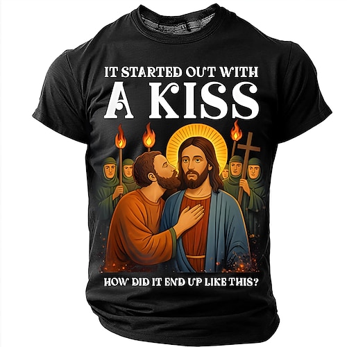 Herren Bibel Es begann mit einem Kuss Judas küsst Jesus Religiöse Parodie Grafik T-Shirt Wie ist es so gekommen Lustiger Christlicher Meme Lässiges Geschenk Designer Kleidung Apparel Image