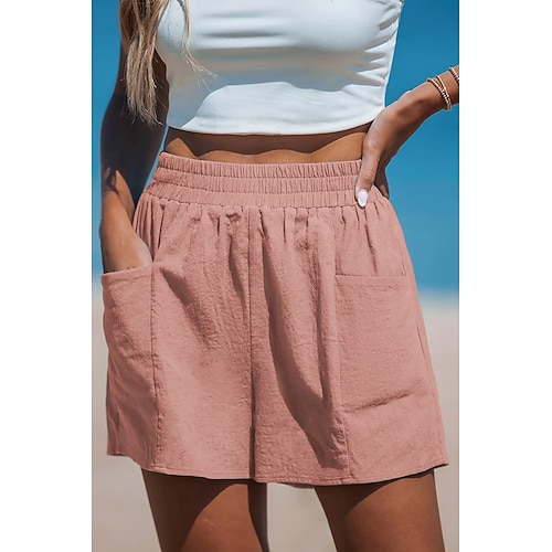 Damen Kunstbaumwollleinen Chinos Shorts Sommershorts Urlaub Mode Streetwear Kurz Hohe Taille Einfach Tasche Elastischer Bund Bequem Komfort Weich Dehnbar Outdoor Urlaub Straße Marineblau Schwarz Rosa Image