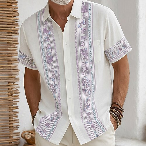 Herren Blumendruck Ethnisch Blumen Hemd Guayabera Hemd Knopfhemd Kurzarm Vintage-Retro Alltagstauglich Strandurlaub Sommer Umlegekragen 3D-Druck Eine Tasche vorne Leinenähnliches Hemd Blau Rosa Image