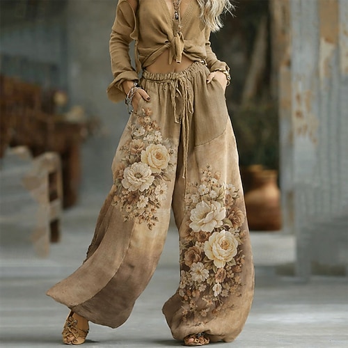 Damen Grafik Weites Bein Hosen Hose Palazzo-Hose Mode Boho Volle Länge Hohe Taille Blume Kordelzug Elastischer Bund Druck Atmungsaktivität Bequem Straße Alltagskleidung Ausgehen Blau Rosa Purpur Image