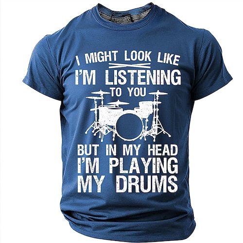 Herren-T-Shirt mit lustigem Schlagzeuger-Motiv und dem Spruch „In meinem Kopf spiele ich Schlagzeug". Perfekt als Geschenk für Musiker, Bandprobenausrüstung oder als lässiges Kurzarm-Shirt im Image