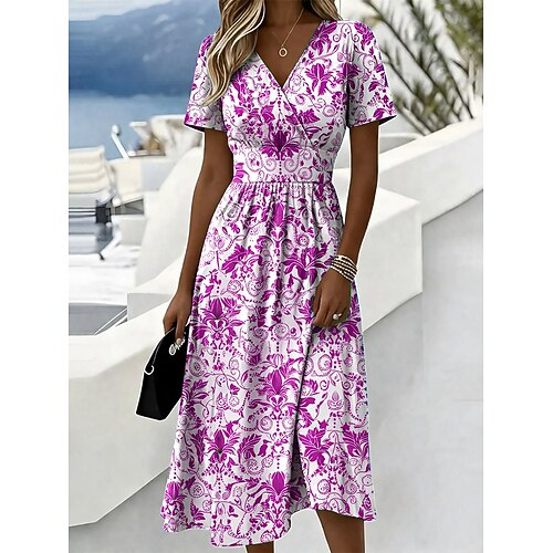 Damen Midikleid A Linie Kleid Urlaub Lässig Boho Normale Passform Grafik Geometrisch Kurzarm V Ausschnitt Blau Rote Purpur Grün Sommer Frühling Image