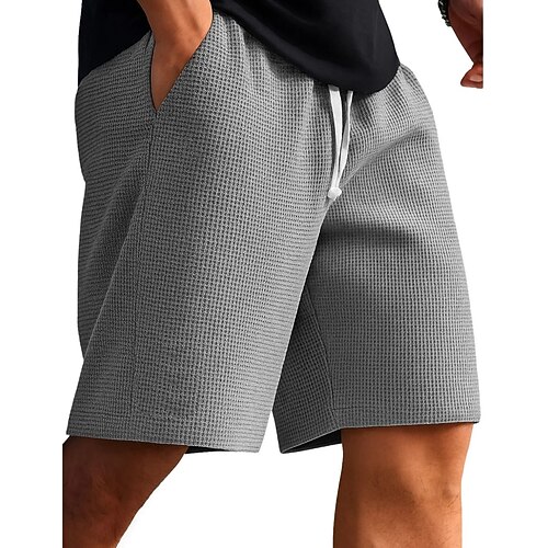 Herren Waffel-Shorts Shorts Freizeitshorts Tasche Elastischer Bund Rein Einfach Einheitliche Farbe Komfort Atmungsaktiv Knielang Lässig Outdoor Strand Urlaub Mode Hell Gray Unelastisch Image