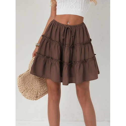 Damen Urlaubsrock Mode Lässig Mini Hohe Taille Röcke Einfach Kordelzug Rüsche Dehnbar Täglich Straße Schwarz Weiß Orange Braun Sommer Image