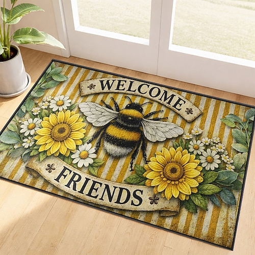 Fußmatte aus Kunstkaschmir mit Bienen- und Sonnenblumenmuster, rutschfest, kurzflorig, ideal für den Eingangsbereich im Landhausstil. Image