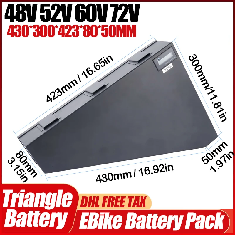 Batteria al litio triangolare per bici elettrica 60V/72V 3000W, compatibile con e-bike 36V/48V/52V, capacità 30Ah/40Ah/50Ah/60Ah, compatibile anche con Chamrider 1000W/2000W, celle 21700