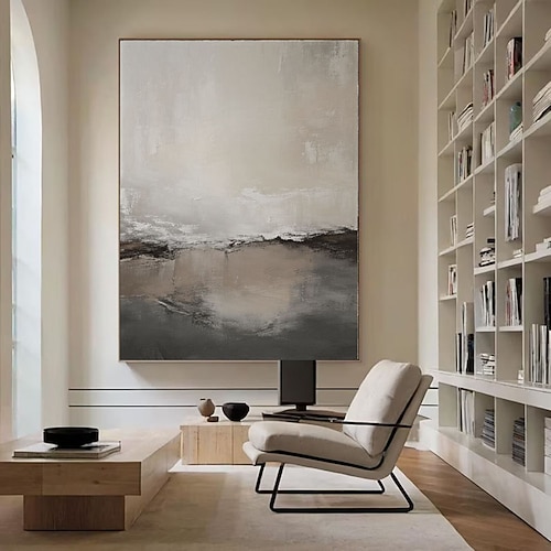 Handgemaltes, originales, abstraktes Ölgemälde in Grau – minimalistische Kunst mit beiger Textur – moderne Kunst, zeitgenössische Wohnzimmerdekoration Image