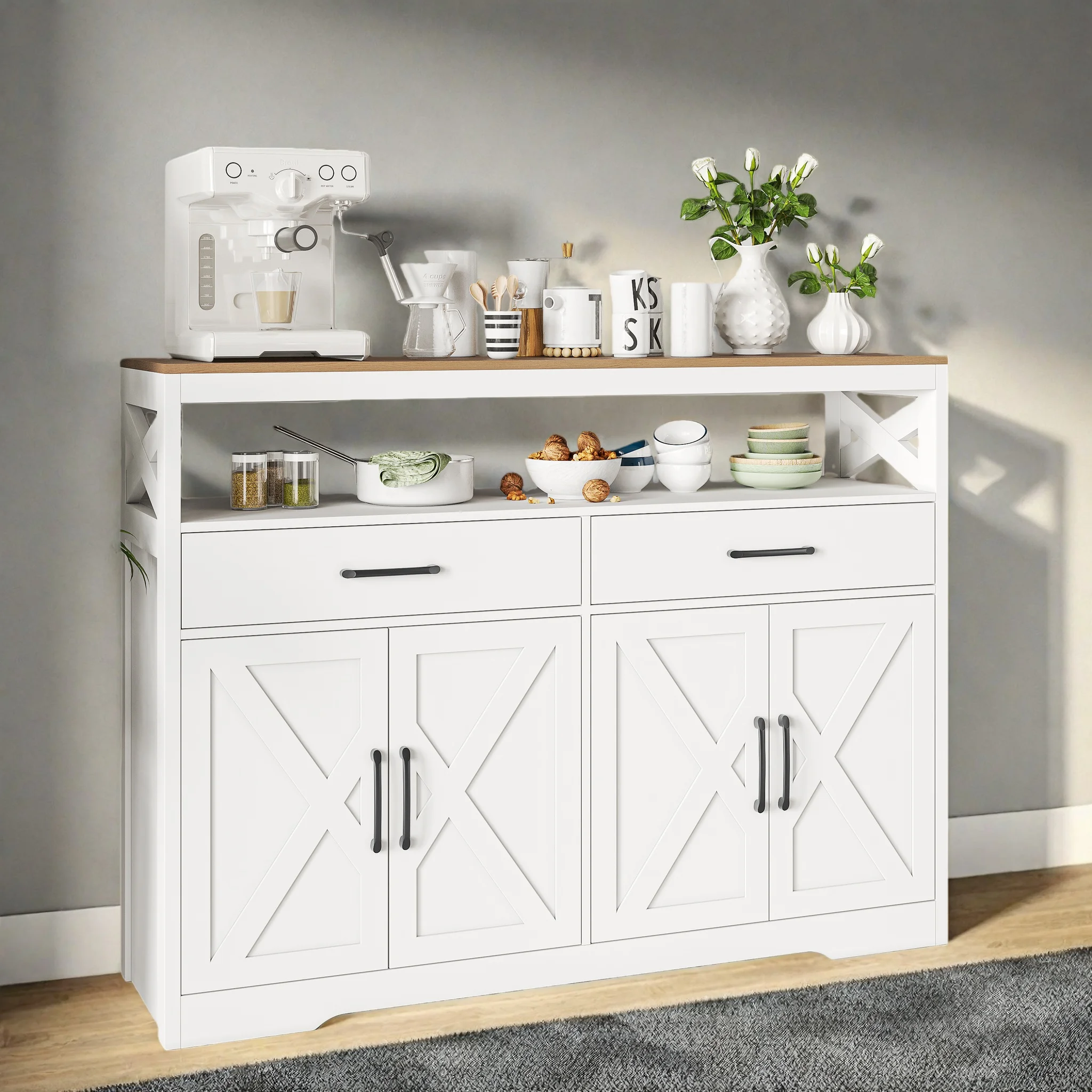 Credenza Multifunzionale Bianca Comanlai, Mobile Contenitore con Maniglie in Metallo, 4 Ante e 2 Cassetti, per Soggiorno, Sala da Pranzo