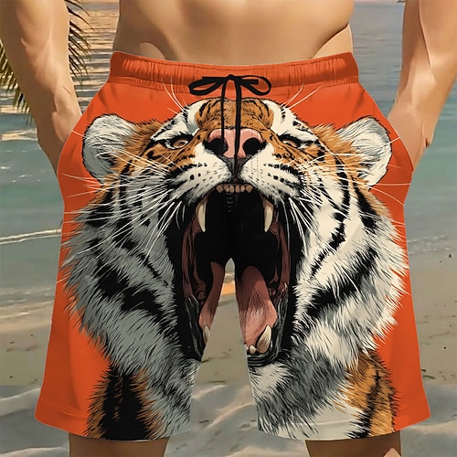 Herren Brüllend Tiermotiv Tiger Badehosen Badeanzüge Badeshorts Boardshorts Mittlere Taille Lustig Strandurlaub Seitentaschen Netzfutter Elastischer Kordelzug in der Taille Designer Bekleidung Image