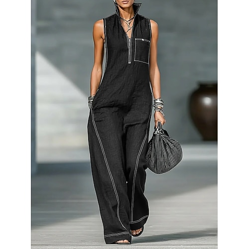 Damen Normal Overall Aktiv Einfarbig Ärmellos Weites Bein Hemdkragen Reißverschluss Tasche Täglich Urlaub Lässiger Schnitt Blau Schwarz Gelb Sommer Image