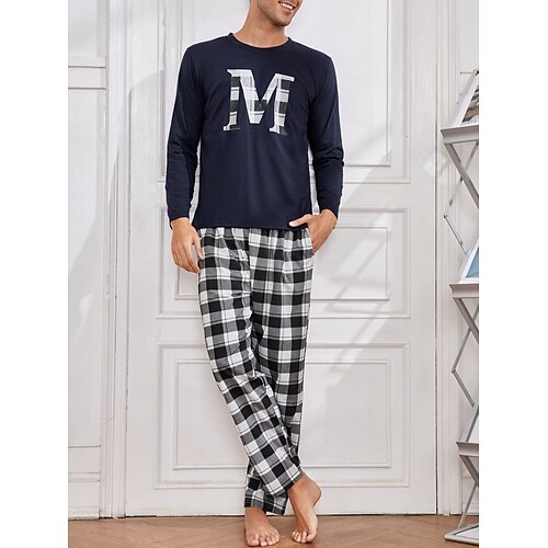 Herren Hausanzug Schlafanzüge Schlafanzug Set Pyjama-Oberteil und Hose 2 Stück Plaid Stilvoll Brautkleider schlicht Komfort Heim Täglich Baumwollmischung Komfort Rundhalsausschnitt Langarm T Shirt Image