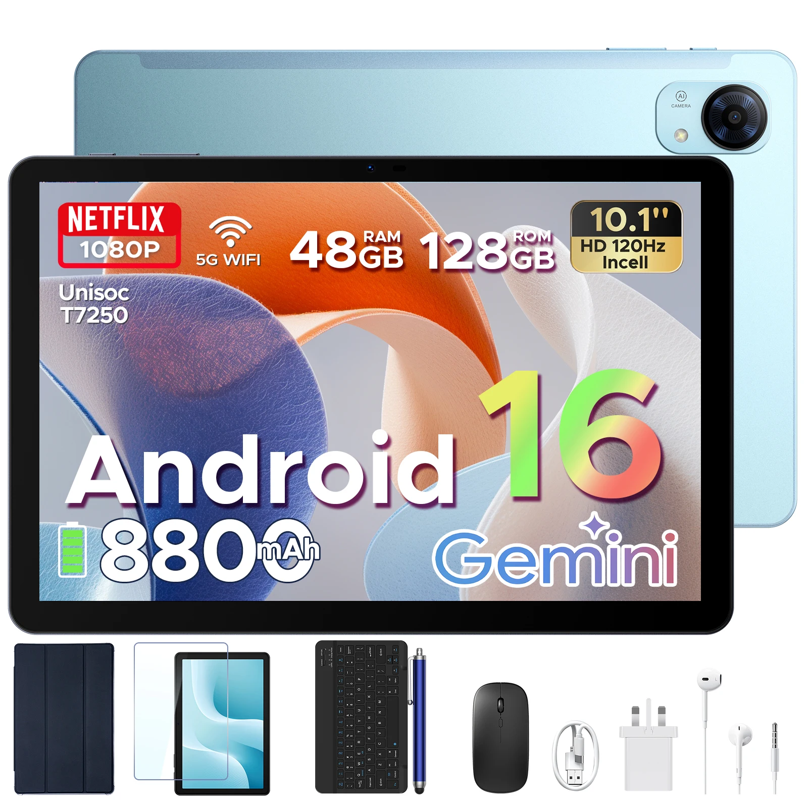 Aorlym P10 Pro Tablet PC Android 16 da 10.1" con AI Gemini, 48GB RAM+128GB ROM, Batteria da 8800mAh, Supporto Widevine L1 a 120Hz