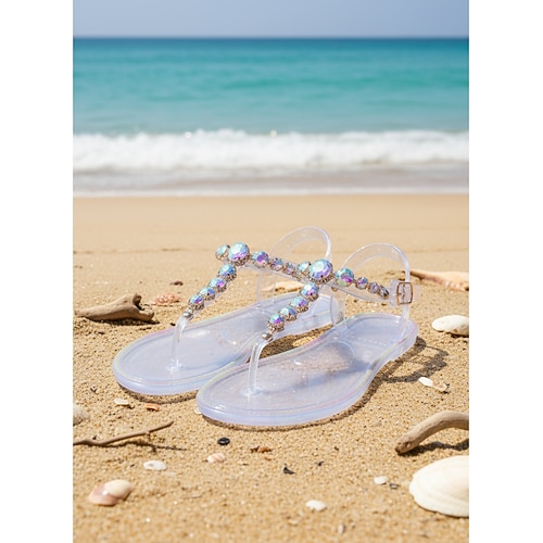 Glitzernde, transparente Jelly-Sandalen für Damen – wasserfeste T-Riemen-Flip-Flops mit irisierenden Strasssteinen für Strandurlaube und Hochzeiten im Ausland Sommerurlaub Image
