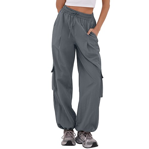 Damen Cargo-Hosen Hose Freizeithose Aktiv Urlaub Mode Volle Länge Mittlere Taille Einfarbig Einfach Kordelzug Tasche Elastischer Bund Komfort Schnelltrocknend Weich Unelastisch Streetwear Sport Image