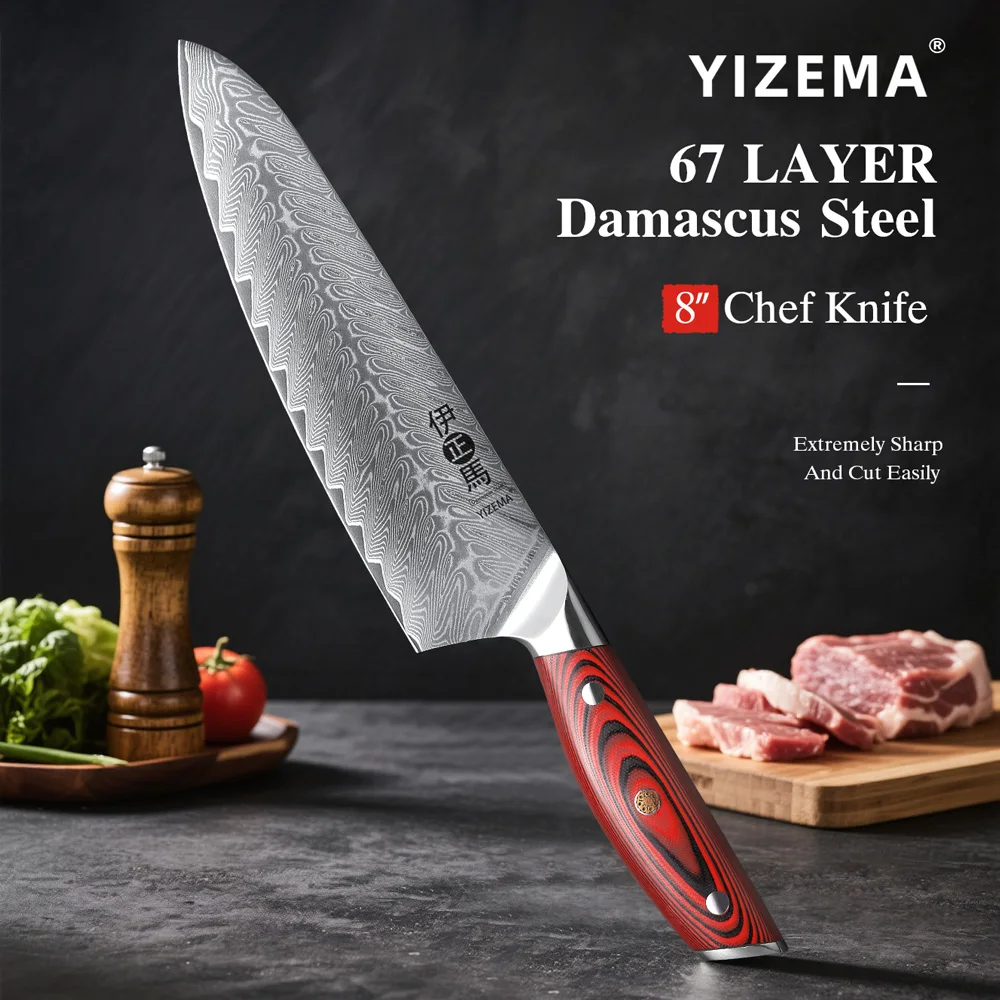 YIZEMA Coltello da Chef Professionale da 8 Pollici in Acciaio Damascato Giapponese, Super Affilato per Affettare Carne, Coltelli da Cucina di Alta Qualità, Utensili da Cucina