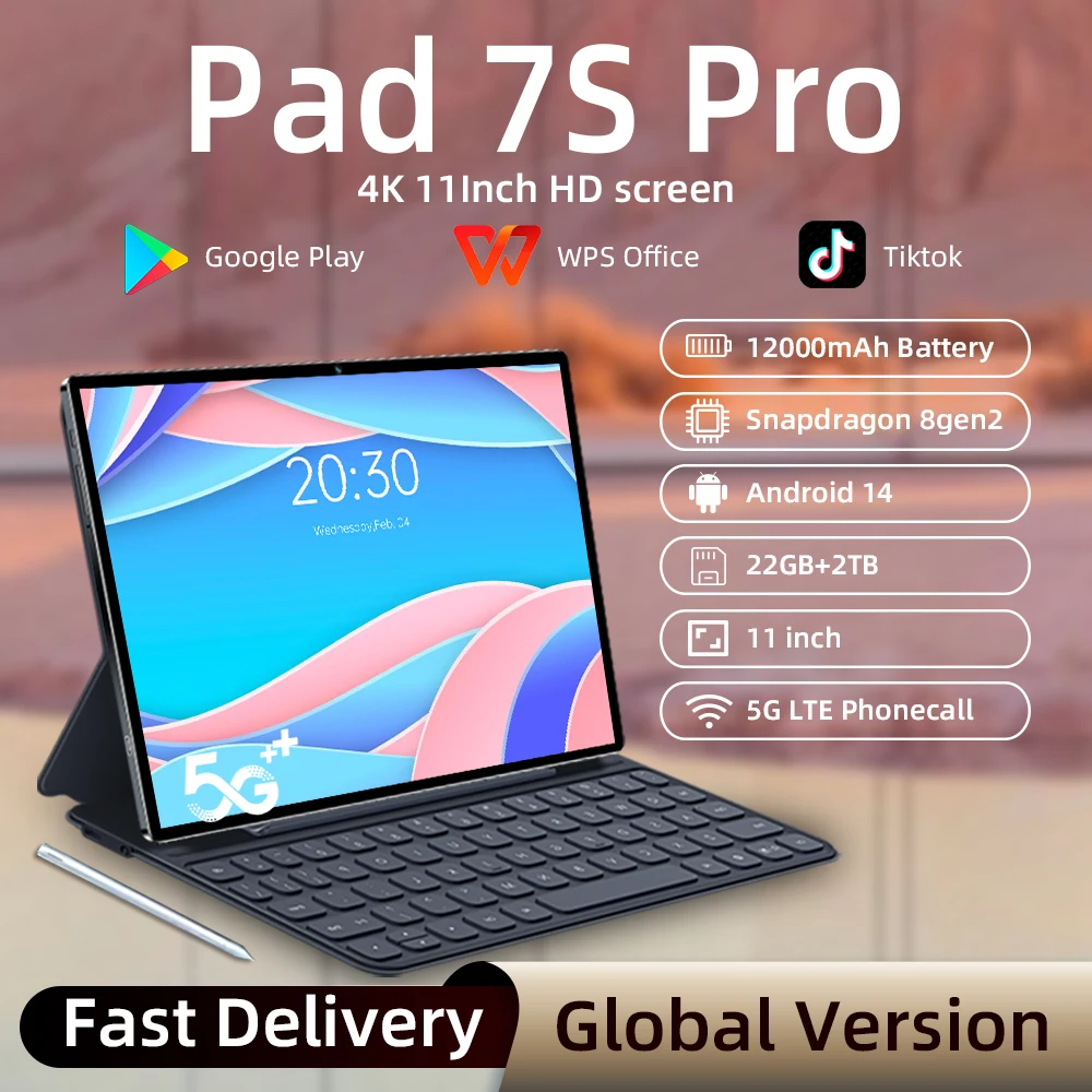 Tablet Pad 7S Pro Android 14 22GB+2TB 12000mAh 5G Dual SIM Bluetooth WiFi Schermo HD 4K Versione Globale Originale Tablet PC 11 Pollici