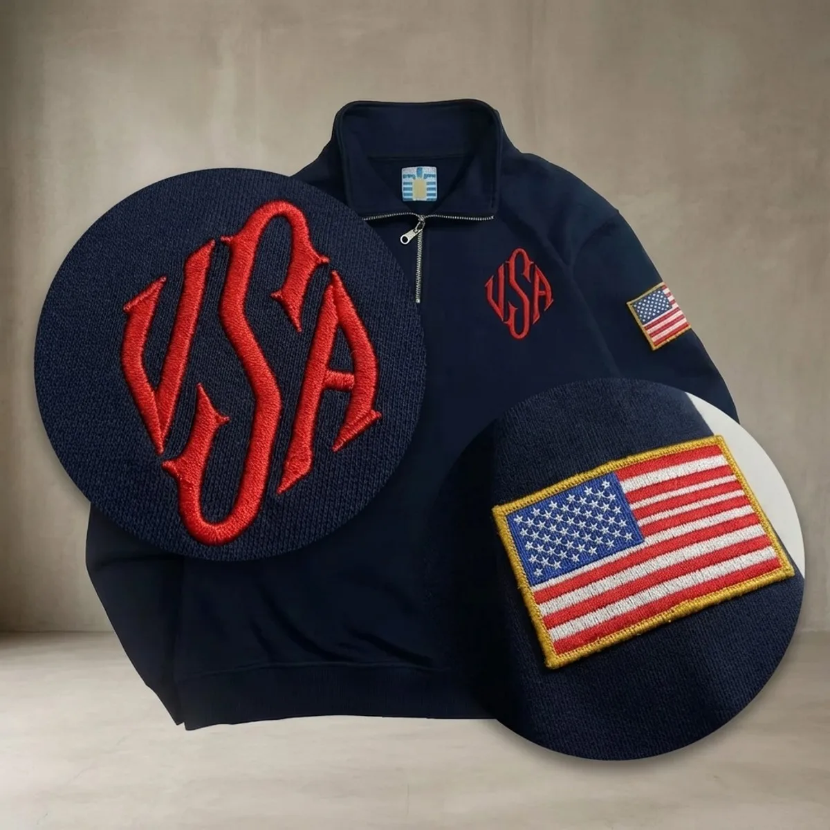 Felpe con Cappuccio Y2K con Bandiera Americana Ricamata, Pullover Blu Navy e Bianco con Zip a un Quarto, Manica con Patch, Streetwear Casual