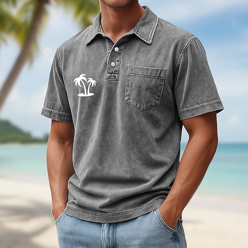 Herren Palme Acid-Wash-Shirt 100% Baumwolle Kurzarm Polo-Shirts Revers Hawaiianisch Lässig Athleisure Urlaubskleidung Tasche 3D-Druck Knöpfe Frühling Sommer Blau Braun Grün Image