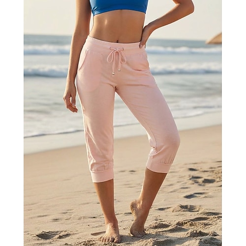 Damen Caprihose Freizeithose Sonntags-Shorts Streetwear Lässig Capris Mittlere Taille Einfach Kordelzug Elastischer Bund Komfort Atmungsaktivität Weich Dehnbar Urlaub Formell Straße Aprikose Schwarz Image