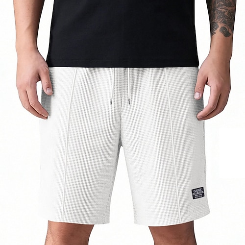 Herren Waffel-Shorts Shorts Strandshorts Freizeitshorts Tasche Elastischer Bund Einfach Komfort Atmungsaktiv Knielang Lässig Outdoor Strand Urlaub Mode Schwarz Weiß Mikroelastisch Image