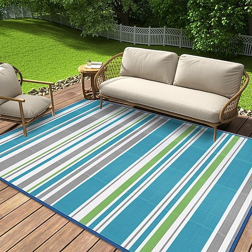 Wasserdichter Outdoor-Teppich 152 x 244 cm, wendbarer Kunststoffteppich, moderner Teppich, große Fußmatte für draußen, Wohnmobil, Terrasse, Garten, Veranda, Picknick, Strand, Camping, blau Grün Image