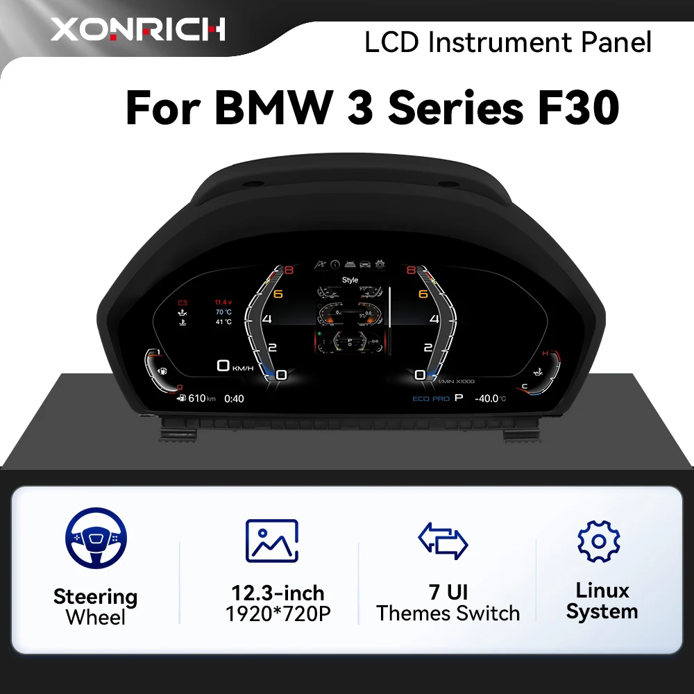 Cruscotto Digitale da 12.3 Pollici per BMW Serie 3 F30 F31 GT F34 Serie 4 F32 F33 F36 2013-2020, Quadro Strumenti Virtuale con Tachimetro