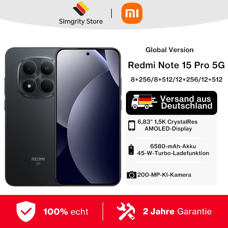 Versione Globale Redmi Note 15 Pro 5G Dimensity 7400-Ultra Smartphone, Batteria 6580mAh 45W, Fotocamera Principale 200MP OIS, Cellulare Xiaomi