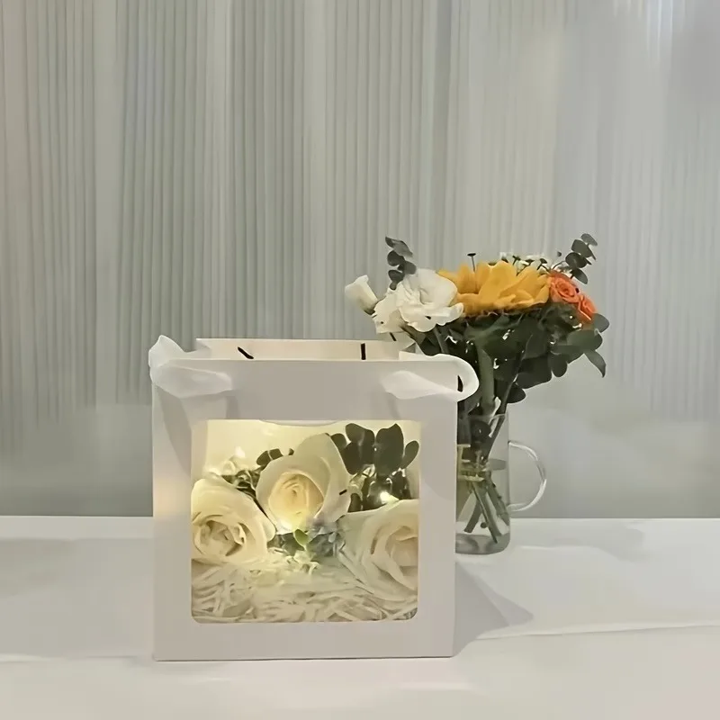 Set di 4 Scatole Regalo con Nastro, Grandi Dimensioni, Finestra Trasparente, Borsa Quadrata in Carta Kraft, Sacchetti per Confezionare Torte e Fiori