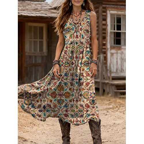 Damen Midikleid Sommerkleid A Linie Kleid Urlaub Lässig Boho Ferien Normale Passform Grafik Geometrisch Ärmellos V Ausschnitt Braun Khaki Sommer Frühling Image