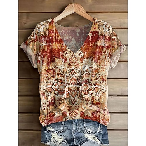 Damen T Shirt Druck Blumen Grafik Pflanzen Vintage Stilvoll Lässig Kurzarm V Ausschnitt Normale Oberteile Täglich Wochenende Blau Hell Beige Schwarz Rote Leicht Braun Sommer Frühling Image
