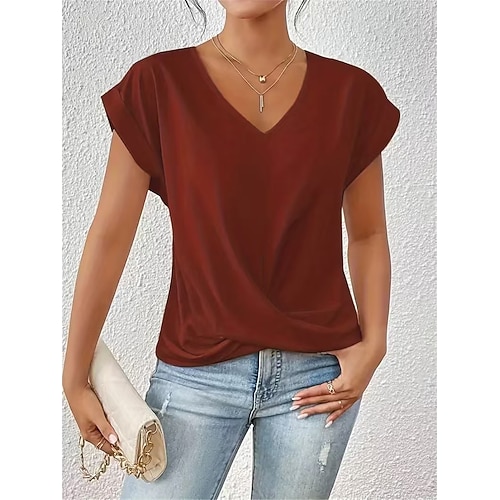 Damen T Shirt T-Shirt Gerafft Einfach Mode Stilvoll Klassisch Kurzarm V Ausschnitt Normale Oberteile Täglich Ausgehen Wochenende Blau Schwarz Weiß Wein Rote Sommer Frühling Image